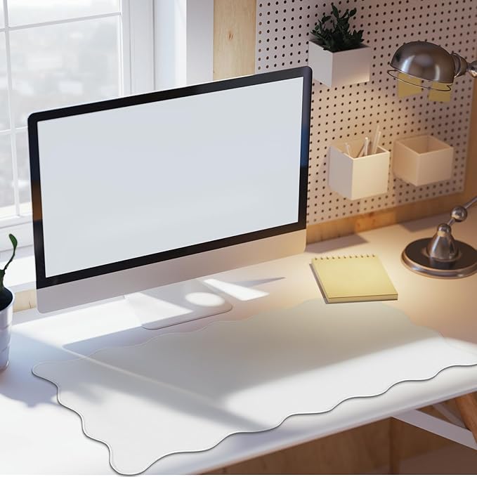 Hahafelt Scalloped Desk Mat Large Desk Pad Cute Coquette Table Mat Back to School Preppy Table Make up Pad Nonslip Graduation Gift with Stitching Waterproof Gaming(White,31.5 x 15.8 Inches)