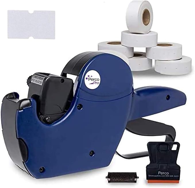 Perco Pro 1 Line Price Gun with Labels Kit, Includes 1 Line Pricing Gun, 10,000 White Labels, with Pre-Loaded Inker Bundled w Perco Ink Roll for Perco Pro 1 Line & Perco Pro 2 Line Perco Labelers