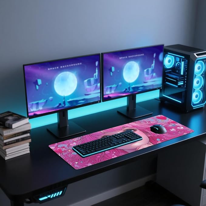 Anime Girl Gaming Mouse Pad 35.4 x 15.7 Inches Kawaii Pink Hair Heart Eyes Love Desk Mat Mouse Mat XXL Laptop Keyboard Pad, Laptop Keyboard Mousepad Aesthetic Accessories for Women