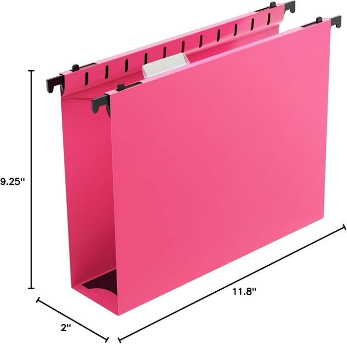 Shutex Extra Capacity Plastic Hanging File Folders,12 Pack Reinforced Hang Folders,Heavy Duty 2 Inch Expansion,Plastic Filing Cabinet Folders,Letter Size,Designed for Bulk Files, Medical Charts,Pink