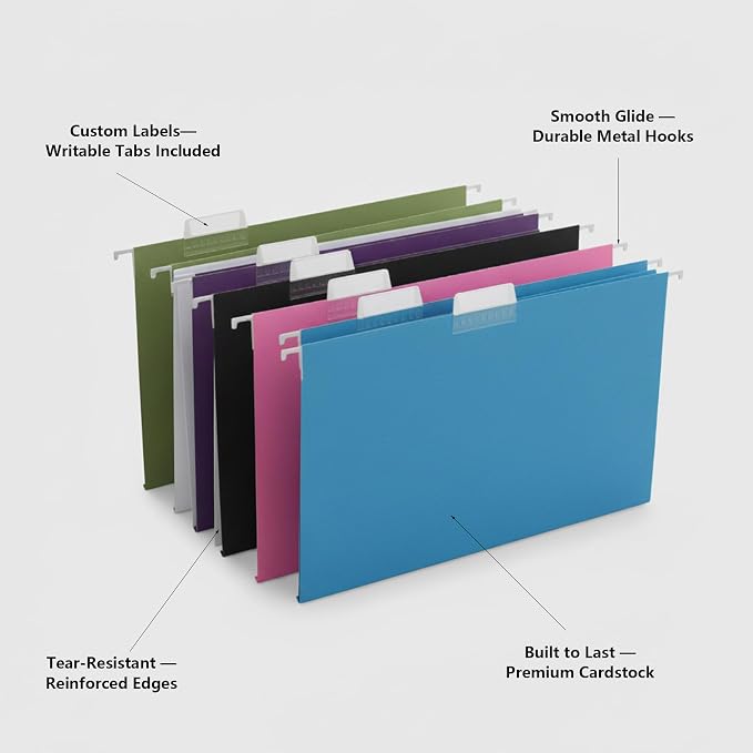 25 Packs Hanging File Folders,Assorted Color Letter Size File Folder,Designed for Bulky Files,Filing Cabinet,1/5 Adjustable Tabs for Office,School,Home(Black,Blue,Pink,Purple,Standard Green)