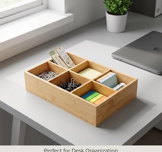 2 Pack Bamboo Small Desk Drawer Organizer with Adjustable Dividers, Wood Snacks and Tea Bag Organizer for Office, Bathroom, Makeup, Jewelry