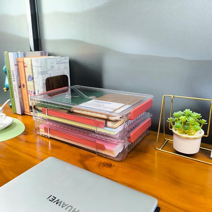 2 Pack Clear Plastic File Storage Boxes with Latching Lids, Transparent Certificate Organizer, Portable Project Case for Drawers, Clear Stackable File Box for A4 Files (Red Latches, Large)