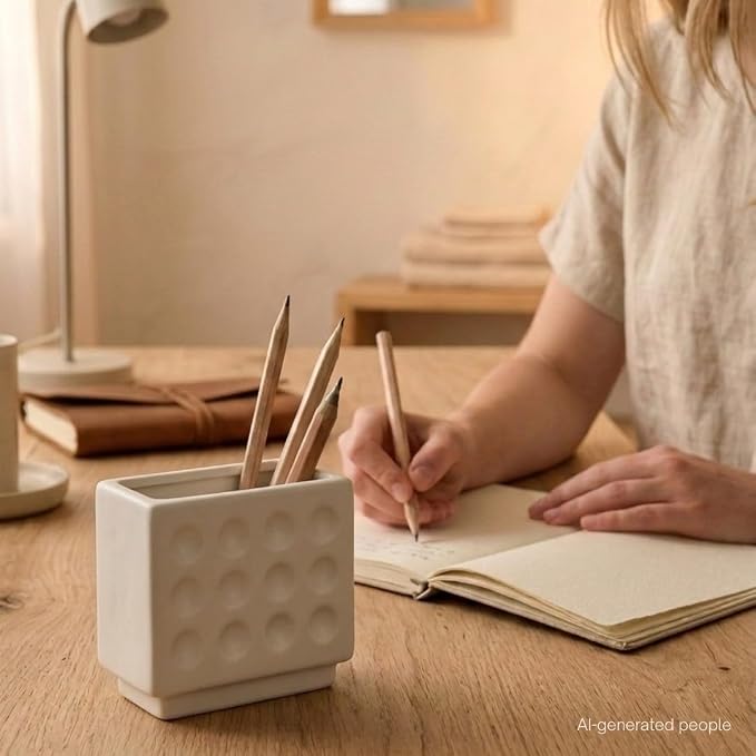 Abstract Square Face Pen Holder, Modern and Minimalistic Desk Accessories (Matte Crème)