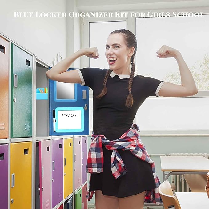 S-SNAIL-OO Locker Accessories Kit, Magnetic 57" Mirror Whiteboard With Marker & 12" Mini Rug, Blue Organizer for Girls School Office Gym Accessories Coat Lockers
