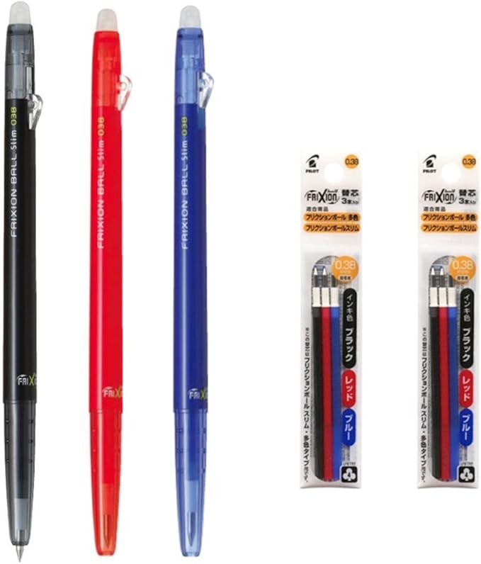 Pilot FriXion Ball Slim 038 Retractable Erasable Gel Ink Pen, Extra Fine Point 0.38mm, Black/Blue/Red Inks, 3 Pens & 6 Refills Value Set