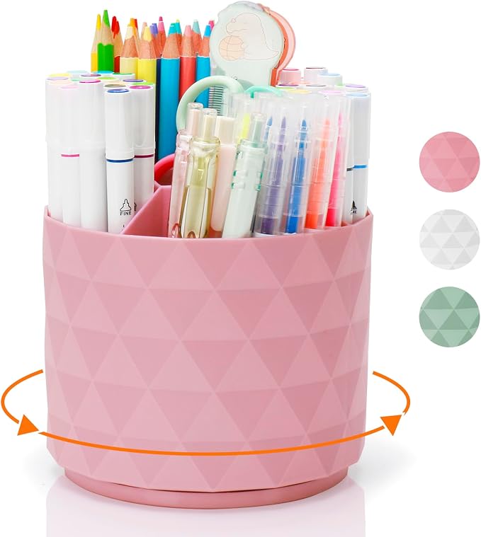 Cute Pencil Holders For Desk,360-Degree Rotating Pen Holders For Home Office,Diamond-like Pen Organizer With 5 Compartments,Stylish Desk Accessories For Office,School ,Home ,Art Supply (Pink)