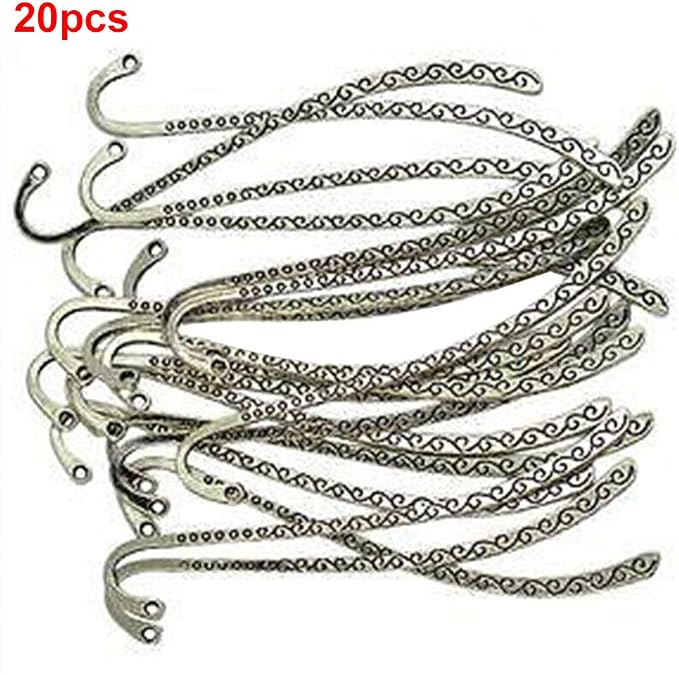 20Pcs Metal Bookmark Hairpin Hook, Antique Vintage Silver Carved Hook with Loop for Book Lovers Unique Gift, Book Markers Embossed Bookmarks, Jewelry Making Charms