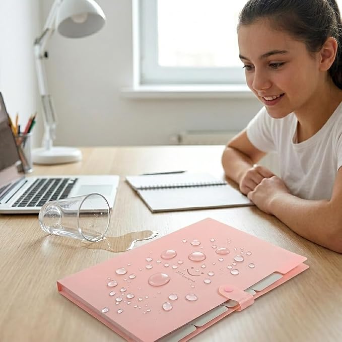 Smile face Expanding File Folder, 5 Pockets Plastic Document Organizer, A4 Letter Size Accordion Folder with Snap Closure, Portable Durable Paper Organizer for Home Office School (Pink)