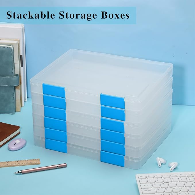 PerKoop 6 Pcs Clear Paper Storage Box A4 Plastic File Box Document Paper Organizer Storage Board Game Project Cases Containers with Buckle for Craft, Magazine(12.4 x 9.84 x 1.18 Inches,Blue)