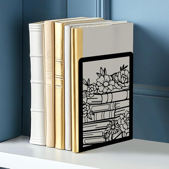 Flowers and Books Thickening Iron Metal Bookends for Shelves, Literary Flavor Book Ends Decorative Books for Home and Office Book Display, Desk Organizer Bookend for Library Decor