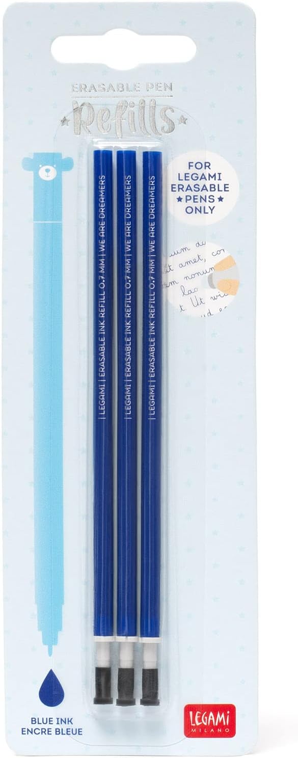 Legami - Refill for Erasable Gel Pen, Set of 3, Height 13 cm, Blue Thermosensitive Ink, 0.7 mm Tip