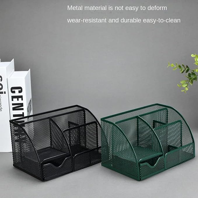 Green Desk Organizer Mesh Drawer Storage Accessories with 6 Compartments and Drawer, Desktop Caddy Storing Stationery Trinkets Cosmetics Jewelry Electronic Gadgets for Workspace Classsroom