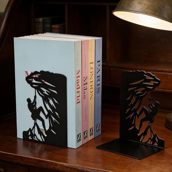 Book Ends, Bookends, Book Ends for Shelves, 2Pair Non Skid Metal Book Divider Decorative Holder, Abstract Art Desgin Book Stopper Supports for Office, Home (Rock Climbing)