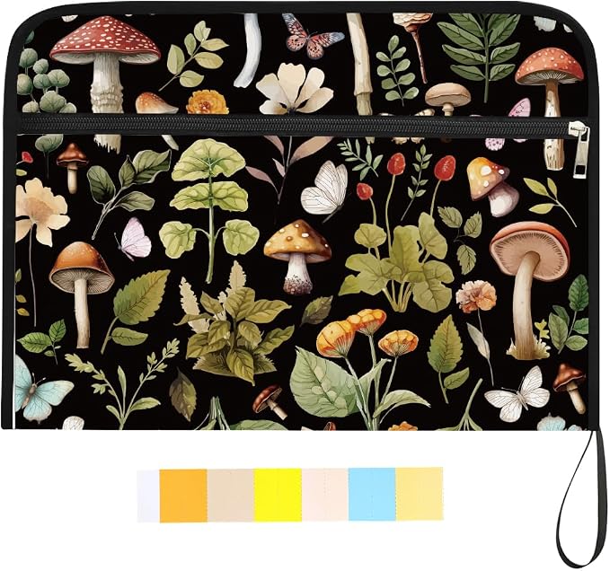 WEBEEDY Mushroom Botanical Expanding File Folder 13 Pockets Butterfly Plants Accordion Folder with Labels and Zipper, Waterproof Portable Expandable File Organizer for A4 Paper Photo Letter Receipt