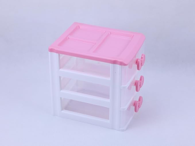 Pink 3-Tier Desk Organizer – Compact Plastic Storage Box for Makeup, Jewelry, School Supplies & Art Crafts – Desktop Tidy for Bedroom Vanity or Dorm Room (Classical)