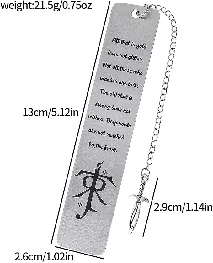 1Pc Fantasy Bookmark Gift Set - Metal Bookmarks with Elvish Leaf Pendant, Sword Charm & Evenstar Engraving, Epic Quotes Carved Jewelry for Book Lovers, Dark Academia Gifts for Readers (Sword)