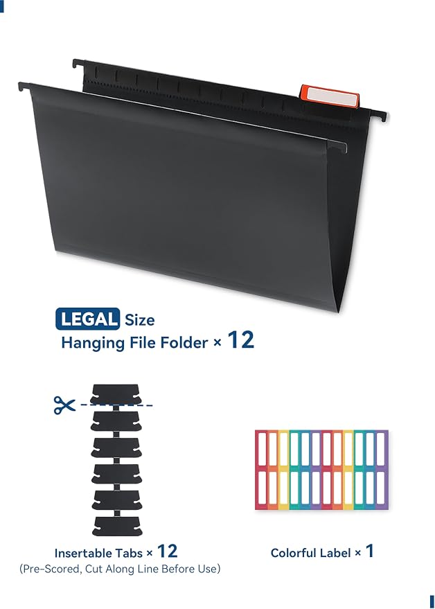 SortRax Plastic Legal Size Hanging File Folders, 12 Pack Black Hanging Folders, with Insertable 1/5-Cut Tabs for Filing Cabinets
