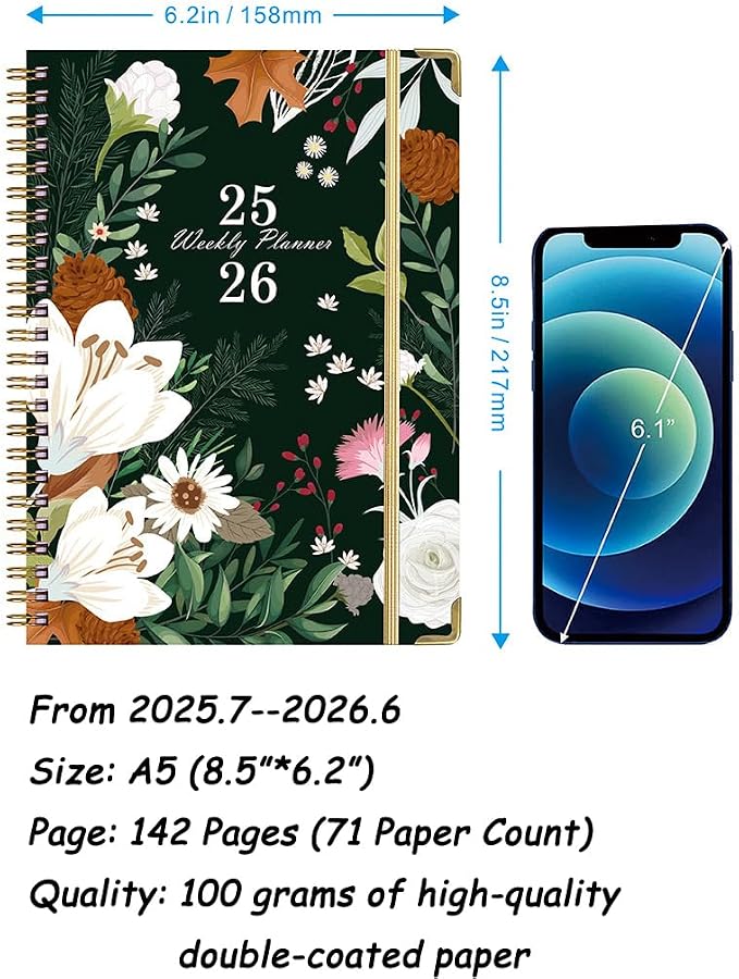 2025-2026 Planner, 12-Month Daily Weekly Monthly Planner from JUL.2025 to JUN.2026, 8.5" X 6.2", Spiral Hardcover Notebook with Bookmarks, Elastic Closure, Inner Pocket for Office School Supplies