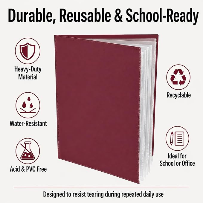 Ultra PRO - 50 Pack Burgundy Heavy Duty 2-Pocket Folders with 6 Clear Internal Pages, Waterproof Poly Project Organizer for School and Office, Fits 8.5 x 11 Letter Size, Customizable Clear Covers