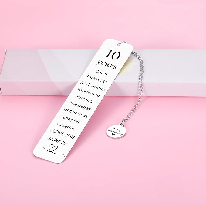 10 Year Anniversary Tin Gifts for Him/Her, 10th Wedding Anniversary for Wife Husband - Tin Anniversary Bookmark for Women Men Couple