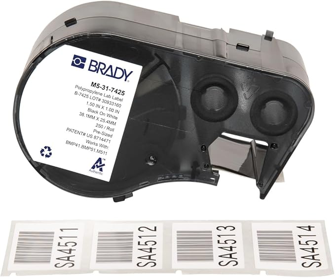 Brady Polypropylene Pre-Sized Labels for Label Printer BMP51/BMP53/M511-250 Self Adhesive Printer Labels - Black on White (38,10 mm (W) x 25,40 mm (H)) - M5-31-7425