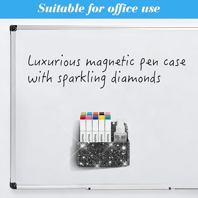 Bling Magnetic Marker Holder for Whiteboard Pen Holder for Women Girls Sparkly Gift Desk Organizer with Glitter Rhinestones for Christmas School Office Supplies (Black)