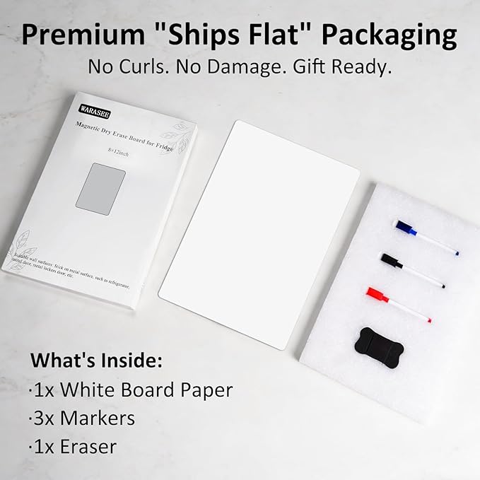 Magnetic Whiteboard for Fridge 12" x 8": Small Dry Erase Board Sheet for Kitchen Refrigerator as Weekly Menu Planner with Strong Magnet Backing - Flat Ships