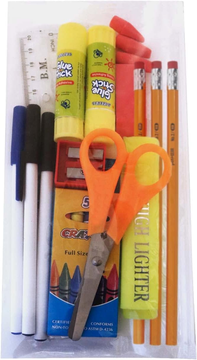 22 Piece Bulk School Supplies Kit for K-12 - Essential Box of School Supplies for Elementary, Middle, and High School Students - Pens, Pencils, Crayons