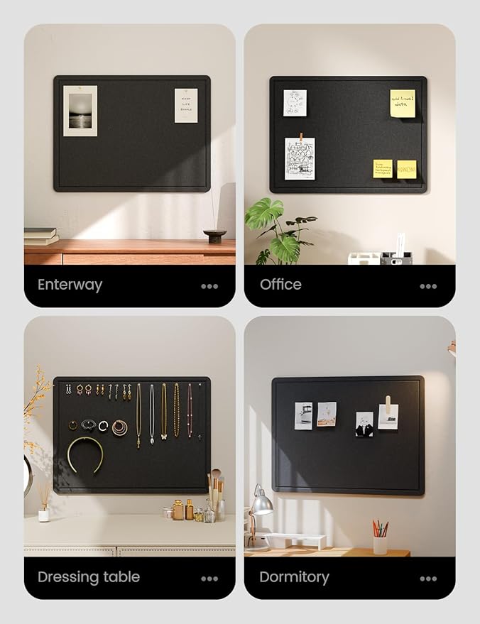 Fluxynara Bulletin Board, 23.6" x 17.5" Cork Board Alternative with 12 Safe Removable Adhesive Tabs, Foldable Felt Pin Board for Home Office, Classroom, Bedroom,Entryway for Walls—Black