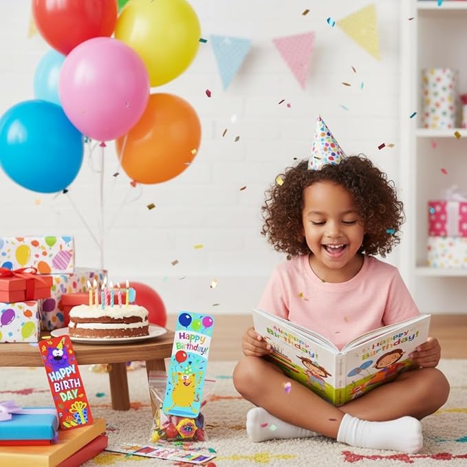 Bold & Bright Multicolor Birthday Cardstock Bookmarks - 2" x 6" (Pack of 48) - Colorful & Fun Design - Perfect Party Favors & Keepsakes