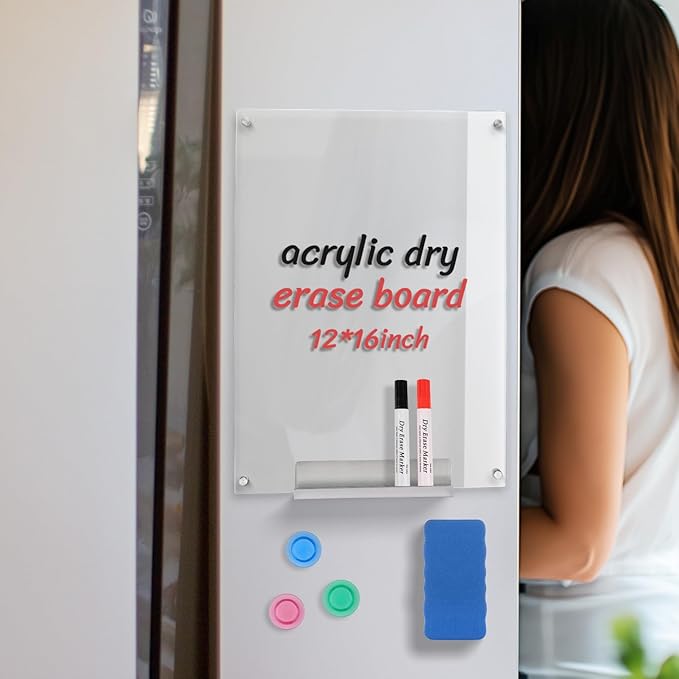 Acrylic Magnetic Dry Erase Board for Fridge,12”X16” Clear Whiteboard for Wall,Frameless Magnetic Dry Erase Board for Kitchen,Office,Classroom,Includes Makers/Eraser/Maker Holder/Magnets.3040C