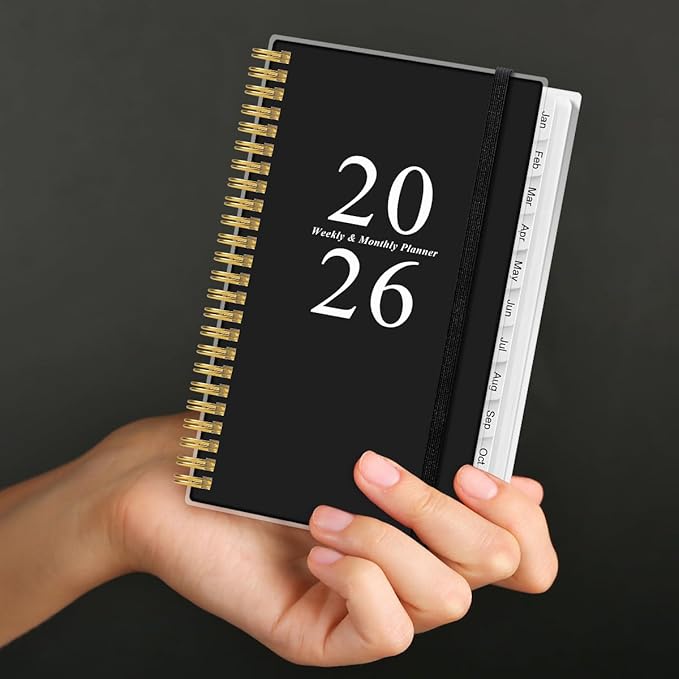 2026 Pocket Planner/Calendar - 2026 Planner from January 2026 - December 2026, Planner 2026 with 12 Tabs, Twin-Wire Binding, Inner Pocket, 3.75" x 6.75, Black