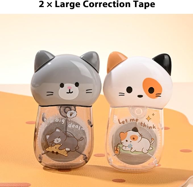 2Pcs Cute Cat White Correction Tape Kawaii Extra-Long Correction Tape – 98ft (30m) Each with Aesthetic Cute Cartoon Cat Applicator for Back To School Office Supplies