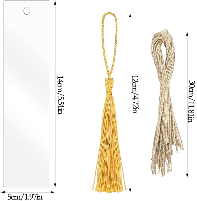 Acrylic Blank Bookmark, BetterJonny 40Pcs Clear Craft Bookmark Acrylic Book Markers with 48Pcs Bookmark Tassels and 30Pcs Ropes Unfinished Rectangle Book Marker Tags for DIY Projects and Present Tags