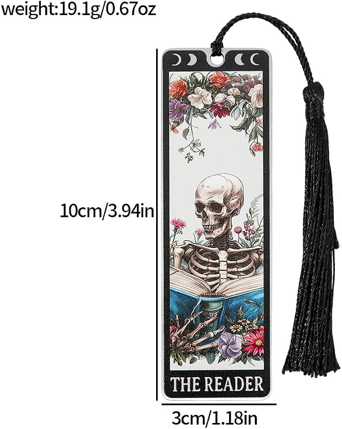 3Pcs Unique Skull Reader Bookmark - Metal Bookmark with Black Tassel, Star and Rose Pattern, Engraved “THE Reader” for Dark Gothic Lovers, Women Readers Fantasy Gift Gothic Gift (3PCSE)