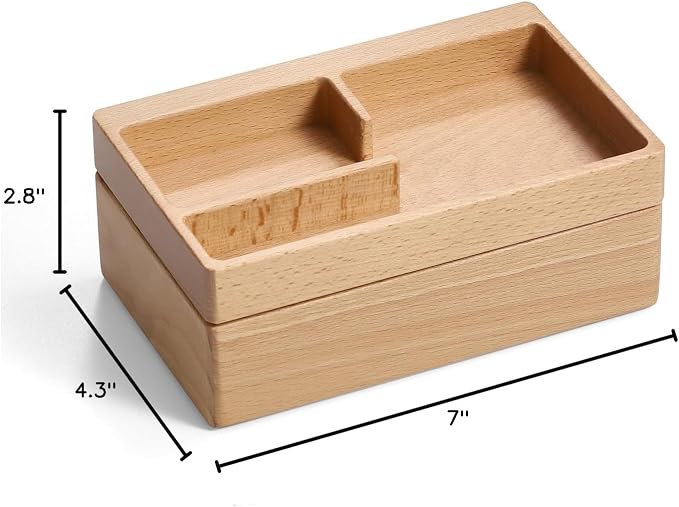 Valet Tray Box, Beech Wooden Storage Box with Magnetic Rotating, Office Desk Daily Supplies Organizer