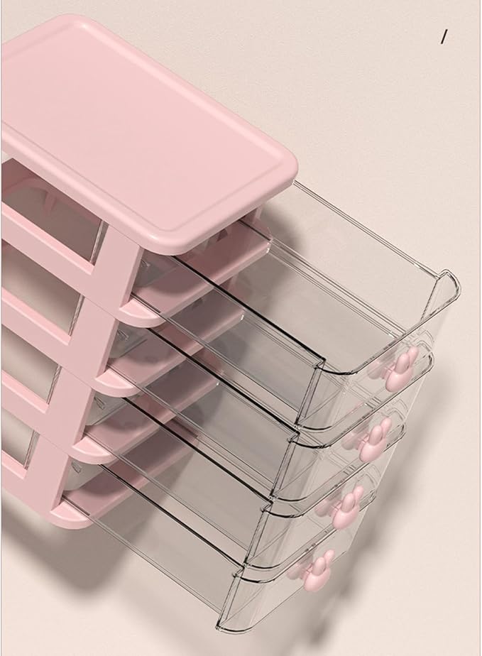 ZJchao Plastic Drawers Organizer Plastic Storage Drawer Desk Drawer Organizer Multi Tier Large Capacity Transparent with Bunny Handle for Office Supplies Books Pens (Pink, 2 Tier(13.4x17x11cm))