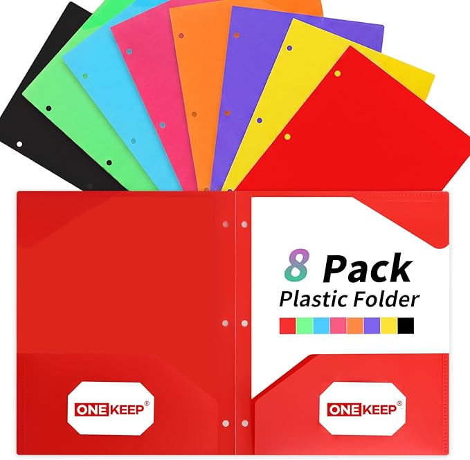 8 Pack Plastic Folders with Pockets 3 Hole Punched, Assorted Colors – Durable 2-Pocket Plastic folders for 3 Ring Binder Folder, Letter Size Folders for Office, High School & Back to School
