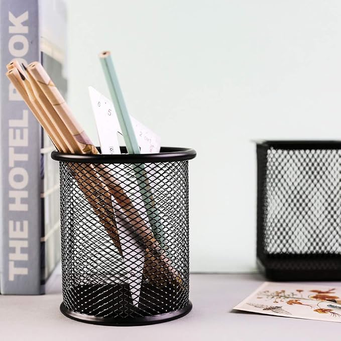 Ameceres 4 Packs Wire Mesh Pencil Holder Metal Pen Cup Desk Pen Organizer Case Pencil Jar Black for Office Home (Silver)