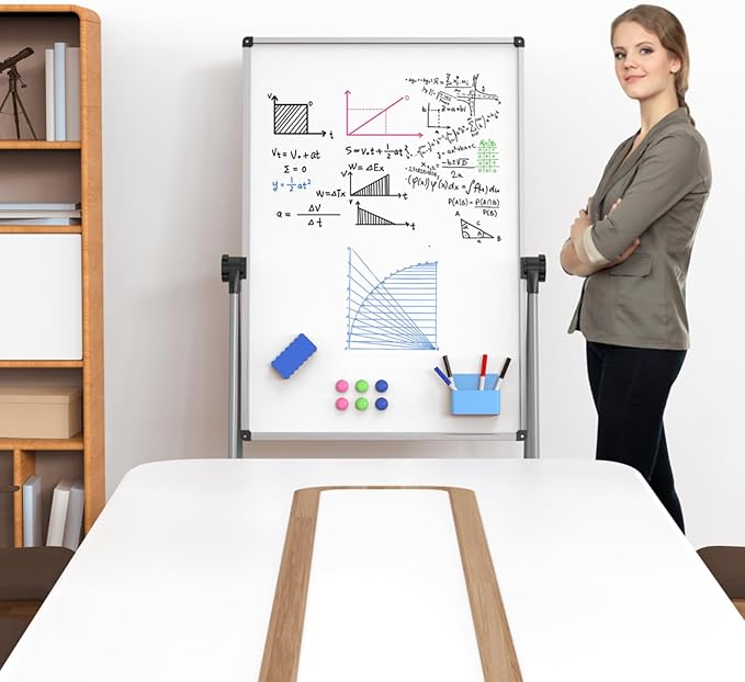 Double Sided White Board with Stand - 40x28 Portable Whiteboard Easel with Height Adjustable & 360° Rotation for Home Office Classroom, Standing Dry Erase Board for Presentation