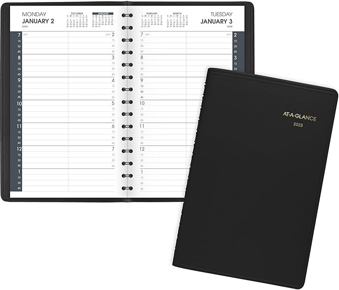 AT-A-GLANCE 2023 Daily Planner, Quarter-Hourly Appointment Book, 5" x 8", Small, Black (7080005)