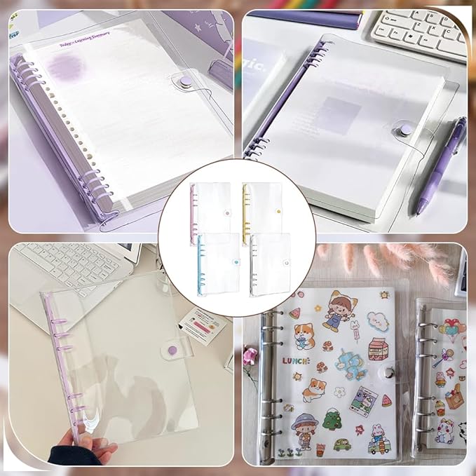 FINGERINSPIRE 4Pcs A5 Transparent Soft PVC 6-Ring Binder Cover 4Color Soft Notebook Planner Folder PVC Covers Binder 6-Hole Binders Notebook Covers Refillable Ring Binders Folder for Cover Protection