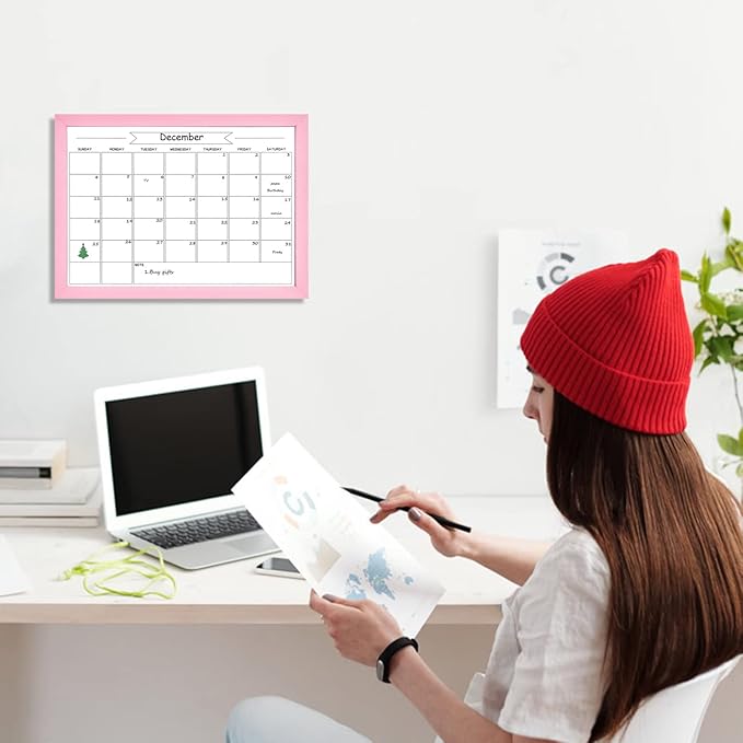 TORASO Dry Erase Monthly Calendar Board, Magnetic Whiteboard for Wall, Office/School/Home, Solid Wood Pink Frame Hanging Board 10.5"x 14.5"(YL-Pink-2737-B)