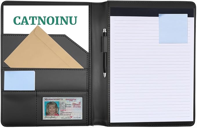 PU Leather Portfolio Folder with 30 Pages Paper Padfolio Business Organizer Document Planner Binder Storage Pocket for Legal Pad Holder Paperwork Phone Men Women (A5, Black)