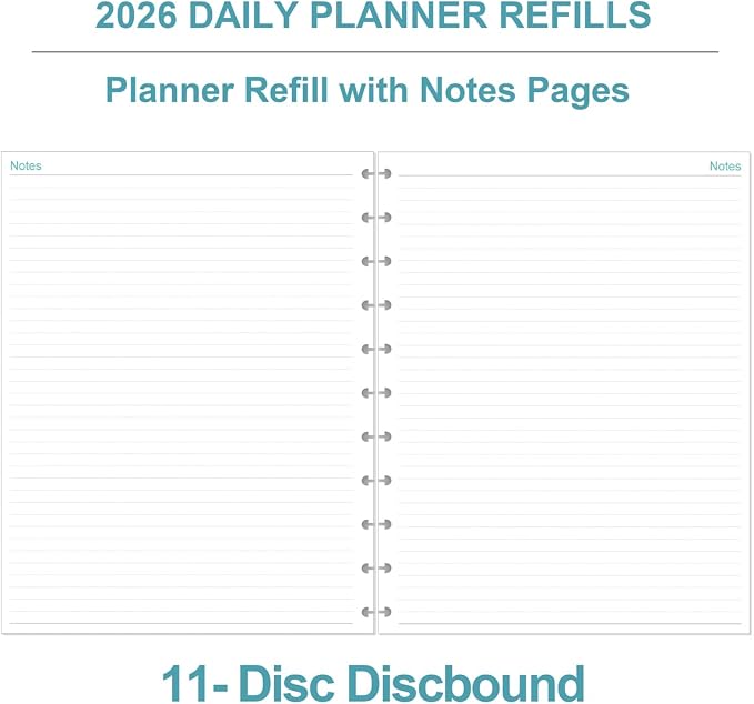 2026 Planner Refills, 11-Disc Discbound One Page Per Day, Daily & Monthly Planner Refill from January 2026 - December 2026, Letter Size, 8.5" x 11"