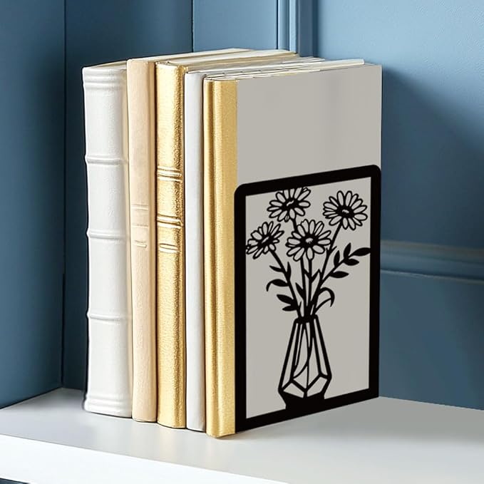 BEUNITONE Daisy Book Shelf Decorative Bookends for Shelves, Non-Slip Book Ends for Heavy Books, Flower Shelf Metal Bookends for Desk Organizer, Office Library Decor Decorative Books for Home Decor
