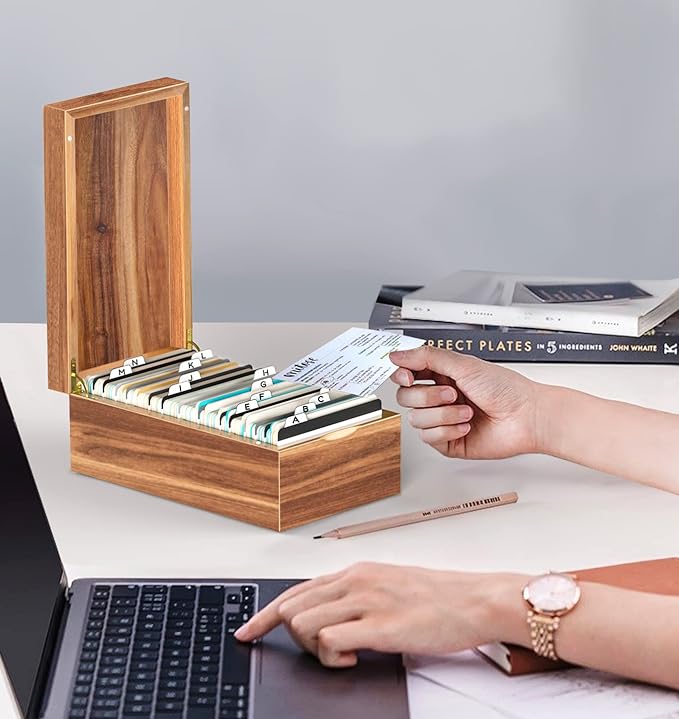 Neando 3x5 Index Card Organizer Box with Lid β Acacia Wood Note Card Holder with 200 Cards & 20 Dividers, Holds 600 Cards, 4 Compartments, Magnetic Closure β Desktop Storage for Study, Office, Recipes