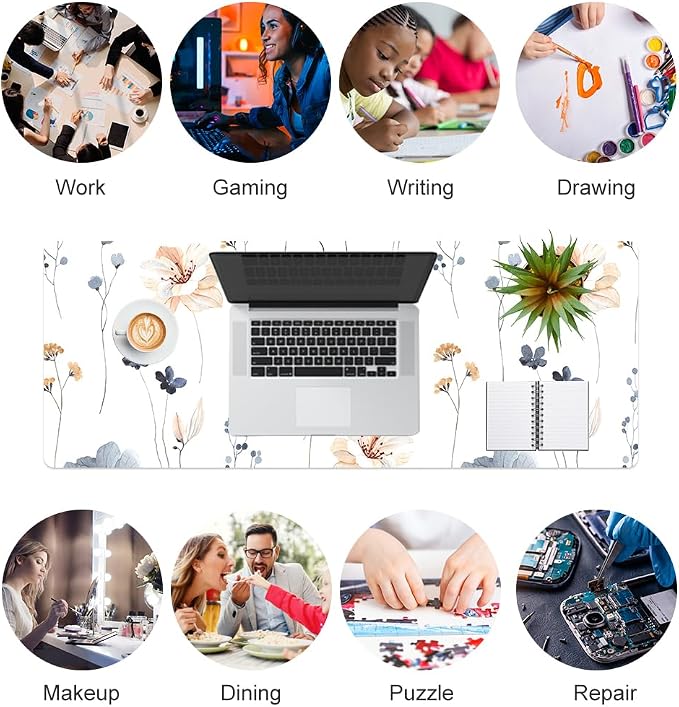 QIYI Large Mouse Pad, Floral Desk Mat for Desktop, Women Girls PU Leather Waterproof Gaming Mousepad, Computer Laptop Flower Desk Accessories Protector Writing Pad for School Office Home 31.5" x 11.8"