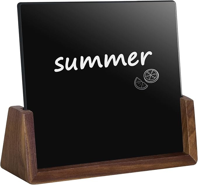 Desktop Glass Whiteboard with Walnut Wood Base,Small Dry Erase Board, Black Writing Note Pad, Desk White Board,Glassboard for Tabletop Display(Walnut Base,Glass)